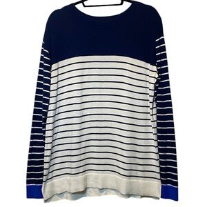 Lands End Sweater Women Medium Tall 10-12 Blue White Colorblock Striped Pullover